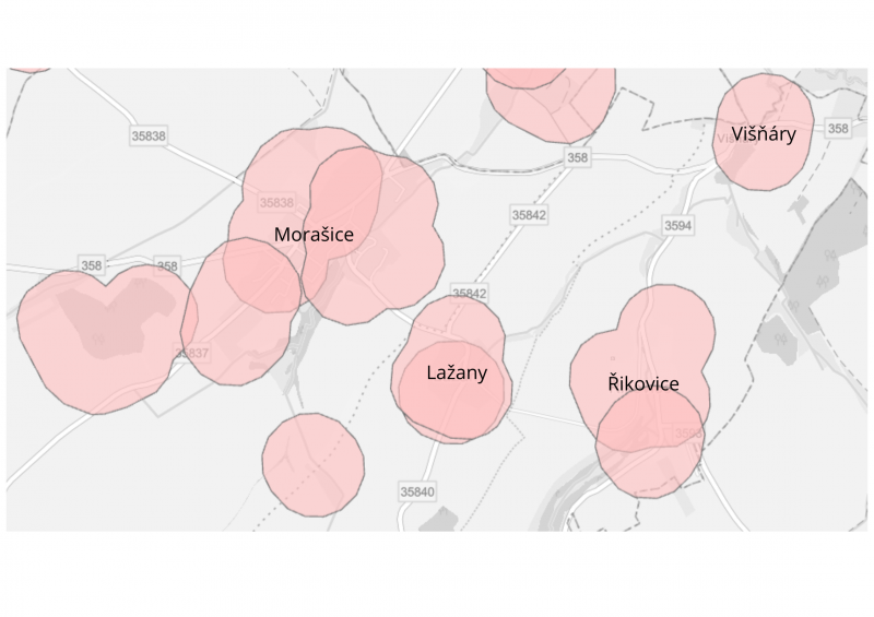 Mapa znázorňující zóny s omezeným používáním pyrotechniky - Morašice, Řikovice, Lažany a Višňáry.