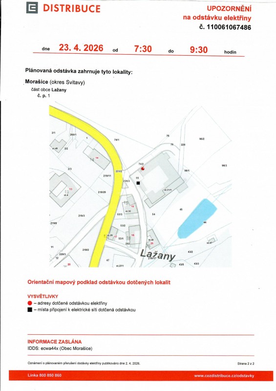Oznámení o odstávce elektriky v Lažanach čp. 1 23.4.2026 od 7.30-9.30