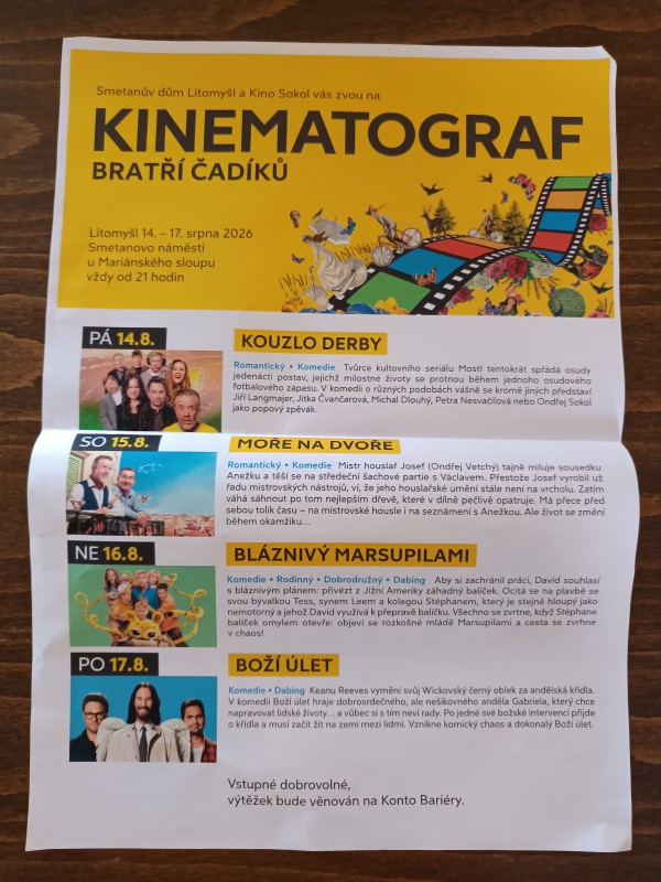 Kinematograf Bratří Čadíků v Litomyšli 14.-17-8- od 21.hod