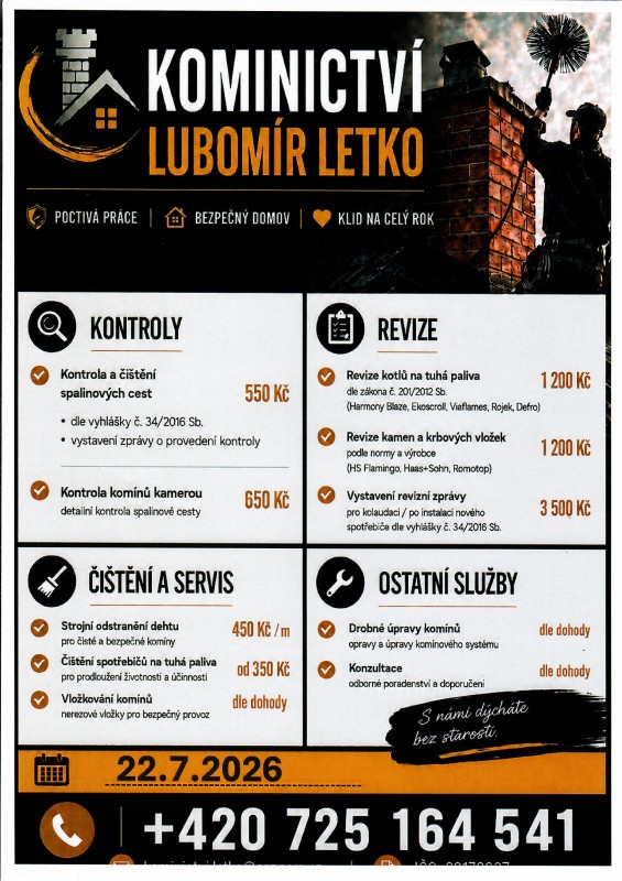 Leták na kominčtví Letko 22.7. nabízí kontroly 