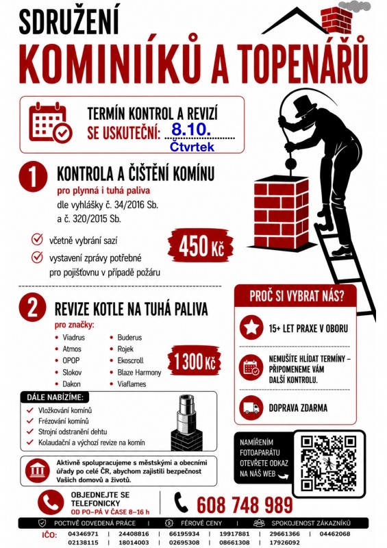 Nabídka kominických služeb v obci Morašice 8.10. tel. 608748989