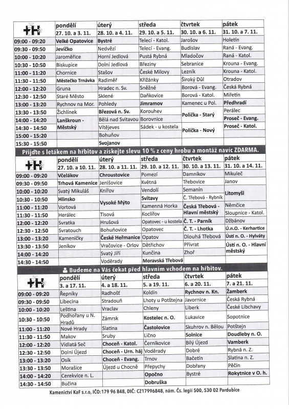 Termíny na hřbitově v Morašicích 3.11. a 17.11. ve 13.30  hodin do 13.50 hodin