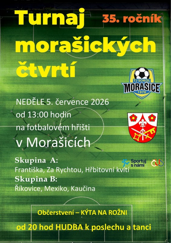 Turnaj morašických čtvrtí 5.7. od 13 hodin na fotbalovém hřišti v Morašících