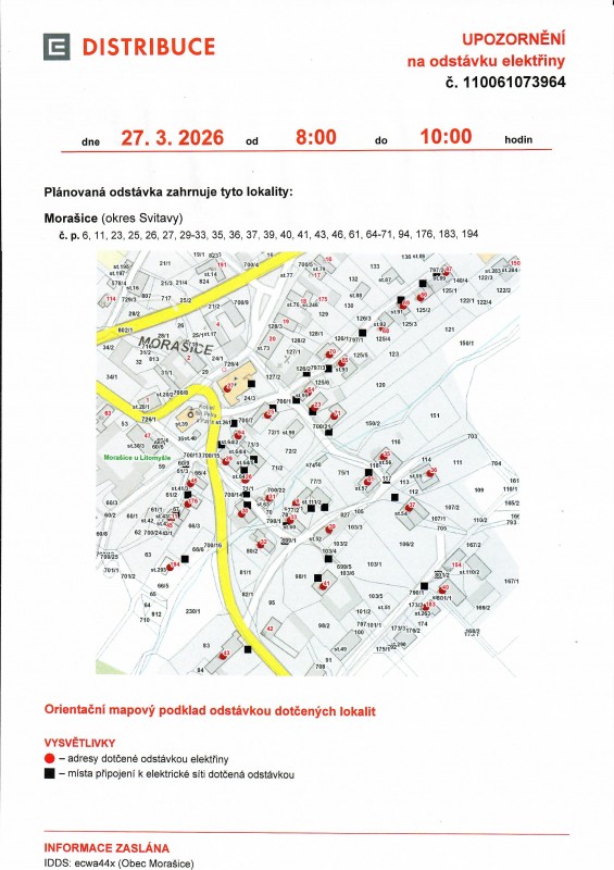 Odstávka elektřiny 27.3.  od 8 do 10 hodin na čp. 6,11,23,25,26,27,29-33,35,36,37,39,40,41,43,46,61,64-71,94,176,183 a 194