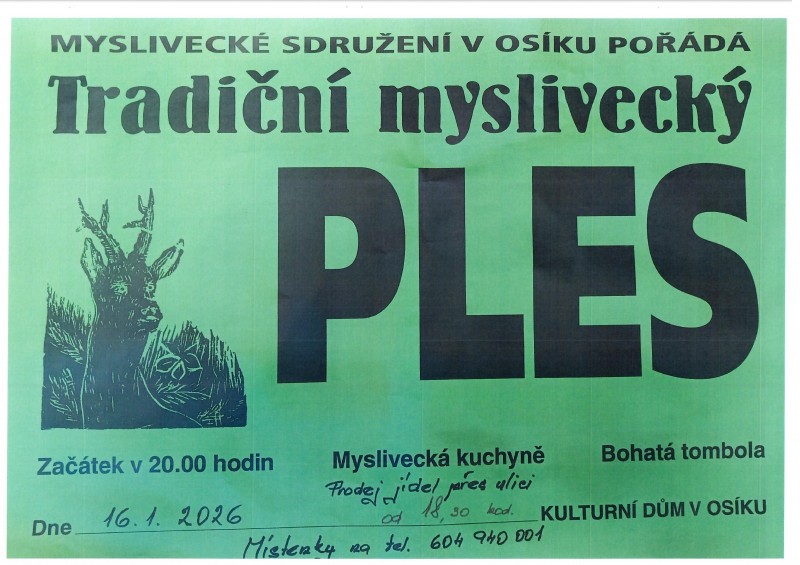 pozvánka na myslivecký ples do Osíka 16.1. od 20.00 hodin